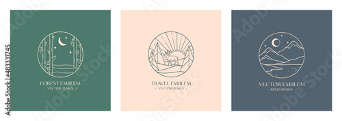 Vector linear boho emblems with snowcapped mountain landscape,forest with deer.Travel logos with lake,mountains,forest,sun and moon.Modern hike,camp,nature reserve or wildlife refuge labels
