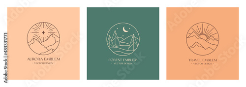 Vector linear boho emblems with snowcapped mountain landscapes,forest.Travel logos with mountains,sun,crescent moon,aurora lights or polar star.Modern hike,camp,nature reserve or wildlife refuge label