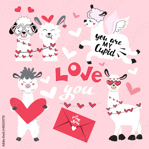 Cute collection with llamas and a hearts. Couple for valentine's day. Inscription Love you on a pink background. Vector illustration of cartoon funny animals. Stickers set