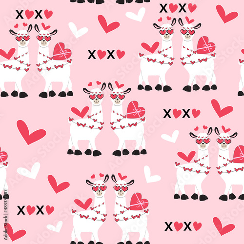 Valentine's day cute llamas and xoxo letters. Funny cartoon animals for kids seamless pattern on a pink background. Love couple