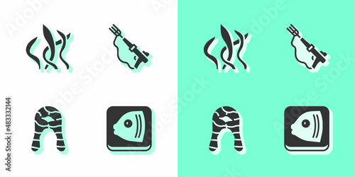 Set Fish head, Seaweed, steak and Fishing harpoon icon. Vector