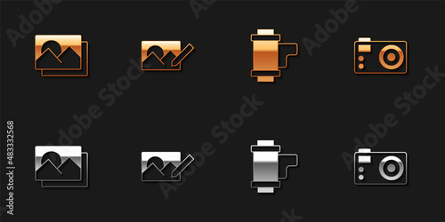 Set Photo frame, retouching, Camera roll cartridge and camera icon. Vector