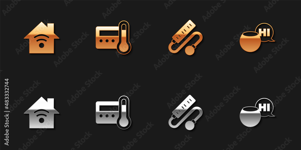 Set Smart home with wi-fi, Thermostat, Electric extension cord and Voice assistant icon. Vector Set Smart home with wi-fi, Thermostat, Electric extension cord and Voice assistant icon. Vector