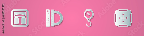 Set paper cut Bathroom scales, Protractor and ruler, Hand spring mechanical and Area measurement icon. Paper art style. Vector