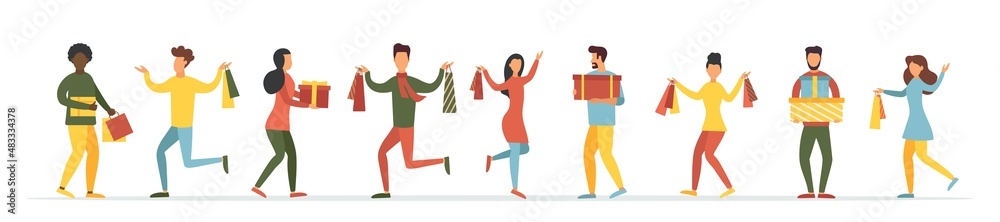 Seasonal sale. Banner with people holding sale bags and boxes. Men and women buy gifts. Vector illustration for advertising, coupon or voucher. Seasonal sale. Banner with people holding sale bags and boxes. Men and women buy gifts. Vector illustration for advertising, coupon or voucher.