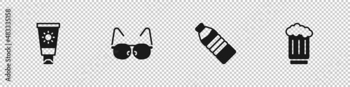 Set Sunscreen cream in tube, Glasses, Bottle of water and Wooden beer mug icon. Vector