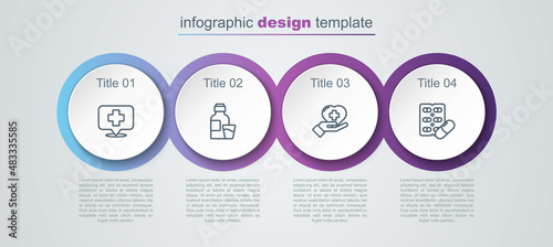 Set line Map pointer with cross hospital, Bottle of medicine syrup, Heart and Pills blister pack. Business infographic template. Vector