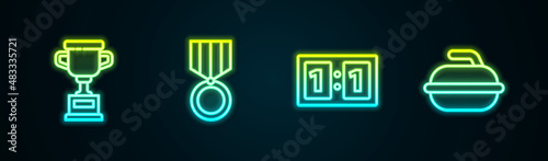 Set line Award cup, Medal, Sport mechanical scoreboard and Stone for curling sport game. Glowing neon icon. Vector