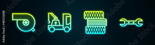 Set line Automotive turbocharger, Tow truck, Car tire wheel and Wrench spanner. Glowing neon icon. Vector