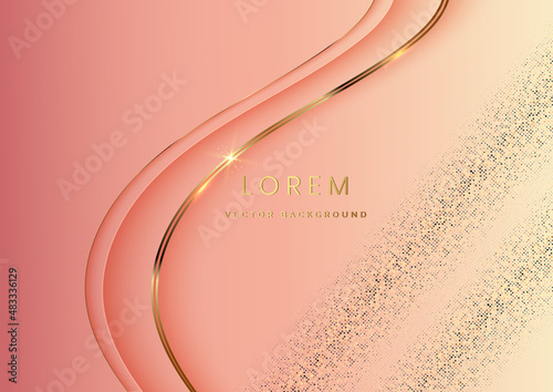 Abstract 3d gold and soft pink curved layers background with lighting effect and sparkle with copy space for text. Luxury design style.