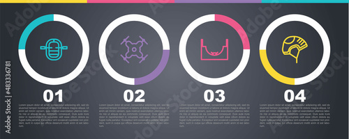 Set line Rafting boat, Drone flying, Skate park and Helmet. Business infographic template. Vector