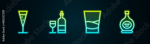 Set line Glass of champagne, Wine bottle with glass, vodka and Bottle cognac or brandy. Glowing neon icon. Vector