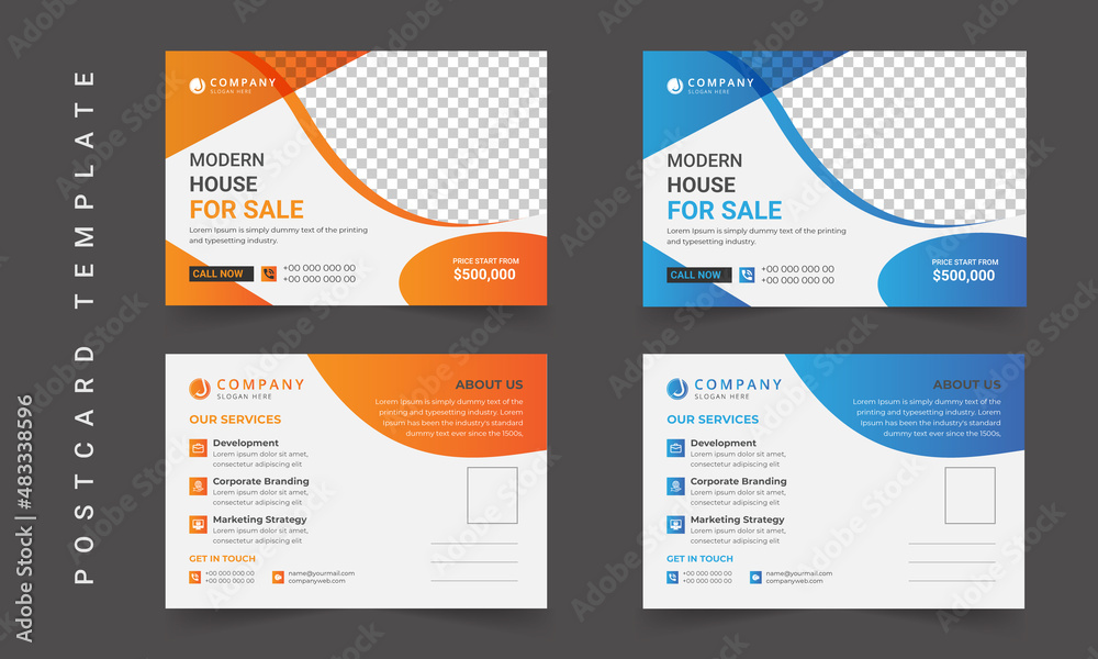 Real estate postcard design. Creative corporate business modern postcard design template. Elegant postcard design, marketing postcard design, business postcard design. Postcard design template