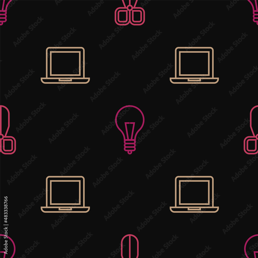 Set line Scissors, Laptop and Light bulb with concept of idea on seamless pattern. Vector