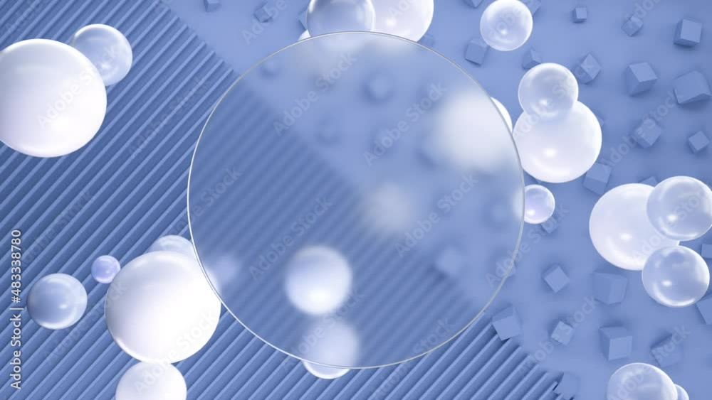 Frosted circle glass for inscriptions or logos with pastel blue round spheres on a background of blue 3D lines and cubes wall. Abstract rendering of intro video. Seamless looping animation. Frosted circle glass for inscriptions or logos with pastel blue round spheres on a background of blue 3D lines and cubes wall. Abstract rendering of intro video. Seamless looping animation.