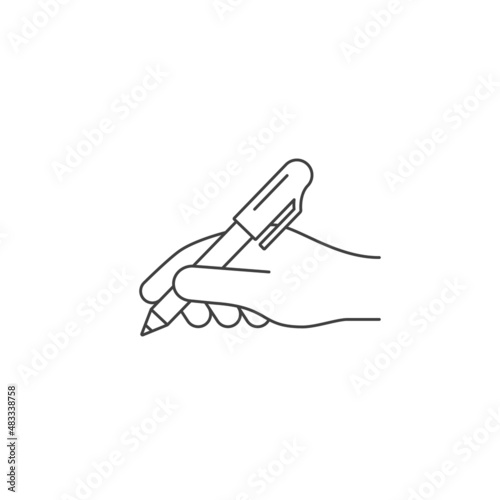 Hand hold pen outline icon. Hand writes symbol. Vector isolated line illustration