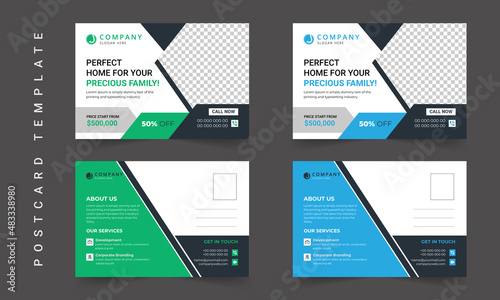 Postcard design template. Postcard real estate, business postcard, postcard template, post card, postcard layout. Postcards design template