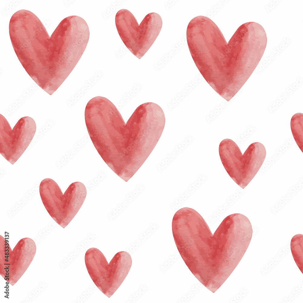 Watercolor red hearts seamless pattern on a white background. Vector. Valentine's Day