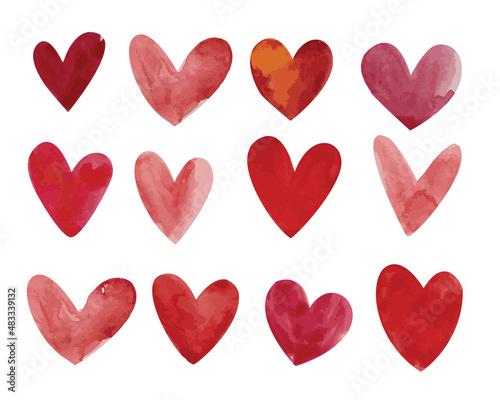 Set of watercolor hearts for valentine's day. Red and pink vector collection