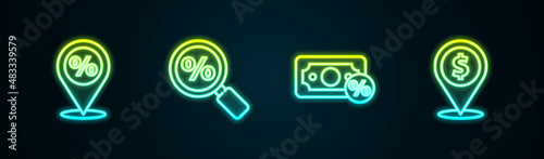 Set line Location with percent discount, Magnifying glass, Money and Cash location. Glowing neon icon. Vector