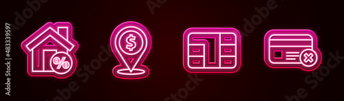 Set line House with percant discount, Cash location, Credit card chip and remove. Glowing neon icon. Vector