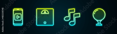 Set line Online play video, Bathroom scales, Music note, tone and Golf ball tee. Glowing neon icon. Vector