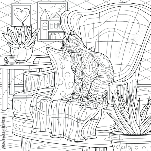  Cat on the armchair.Interior.Coloring book antistress for children and adults. Illustration isolated on white background.Zen-tangle style. Hand draw