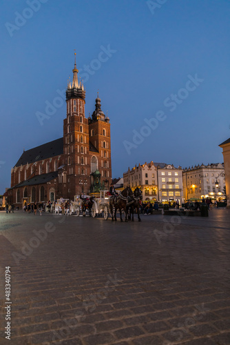 Night photos of the market square in the old town with St. Mary's Basilica.Krakow, old town.Poland.