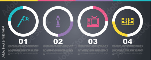 Set line Microphone, Movie trophy, Retro tv and Stacks paper money cash. Business infographic template. Vector