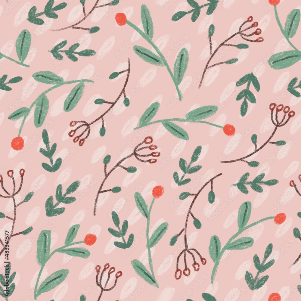 Seamless pattern with abstract flowers and leaves on soft pastel peach background. Botanical illustration, hand drawn with colored pencils. For greeting card, textile design, wrapping paper, wallpaper Seamless pattern with abstract flowers and leaves on soft pastel peach background. Botanical illustration, hand drawn with colored pencils. For greeting card, textile design, wrapping paper, wallpaper