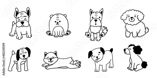 Pretty dog set. Funny puppy linear sketches. Vector dogs illustration for print, stickers, printing on T-shirts