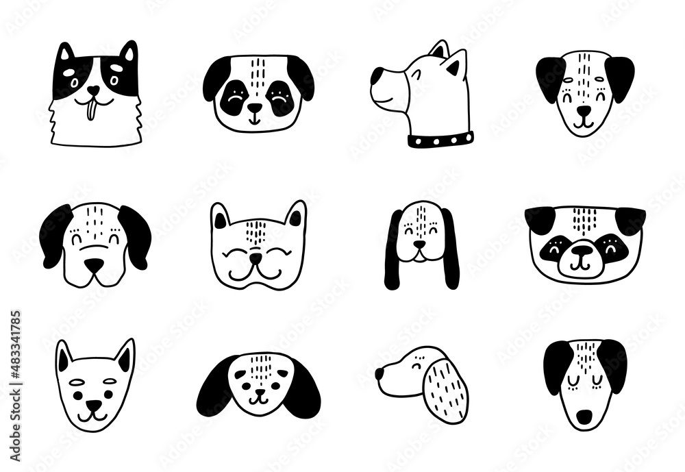 Pretty dog head set. Funny puppy linear sketches. Vector dogs illustration for print, stickers, printing on T-shirts