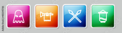 Set line Executioner mask, Trumpet with flag, Crossed medieval spears and Medieval. Colorful square button. Vector