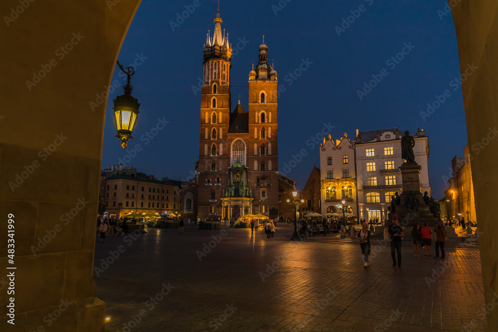 Night photos of the market square in the old town with St. Mary's Basilica.Krakow, old town.Poland.