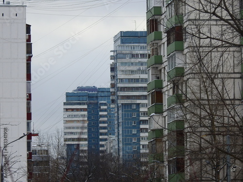 1990s large panel system high-rise public housing in a group of more than 3 buildings in Moscow Russia