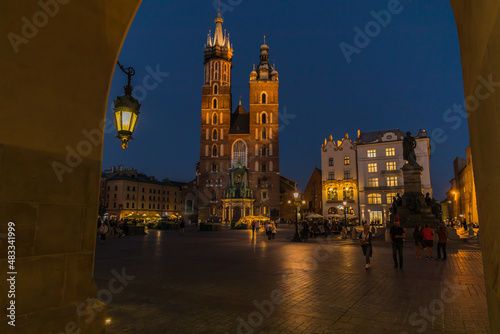 Night photos of the market square in the old town with St. Mary s Basilica.Krakow  old town.Poland.