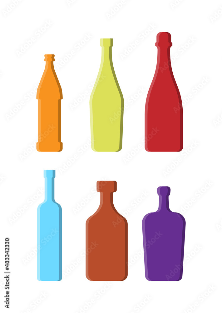 Set drinks. Alcoholic bottle. Beer vermouth red wine vodka rum liquor. Simple shape isolated with shadow and light. Colored illustration on white background. Flat design style Set drinks. Alcoholic bottle. Beer vermouth red wine vodka rum liquor. Simple shape isolated with shadow and light. Colored illustration on white background. Flat design style