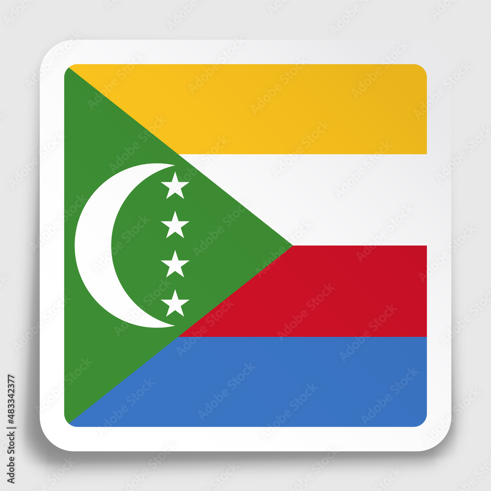 Comoros flag icon on paper square sticker with shadow. Button for mobile application or web. Vector Comoros flag icon on paper square sticker with shadow. Button for mobile application or web. Vector