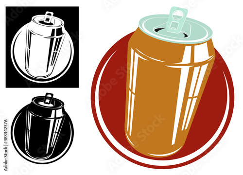 open aluminum can with carbonated drink. Symbol, template for labels of alcoholic and non alcoholic drinks. Vector isolated on white background