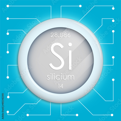 Realistic button with silicium symbol. Chemical element is silicon. Vector isolated on white background