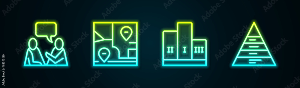 Set line Two sitting men talking, Folded map with location, Award over winner podium and Pyramid chart infographics. Glowing neon icon. Vector Set line Two sitting men talking, Folded map with location, Award over winner podium and Pyramid chart infographics. Glowing neon icon. Vector