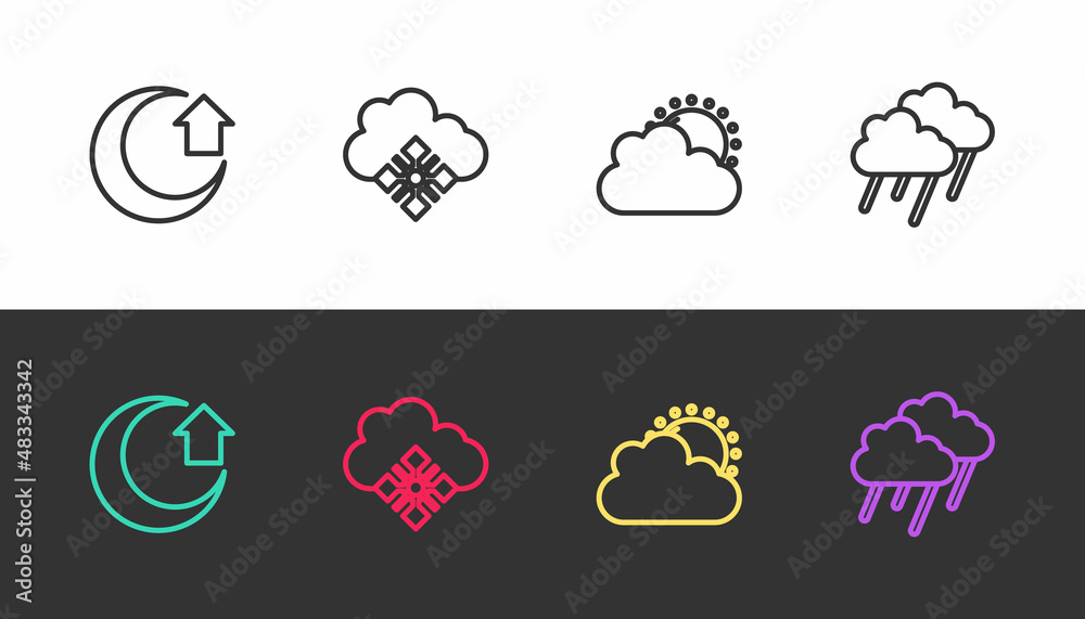 Obraz premium Set line Moon, Cloud with snow, Sun and cloud weather and rain on black and white. Vector