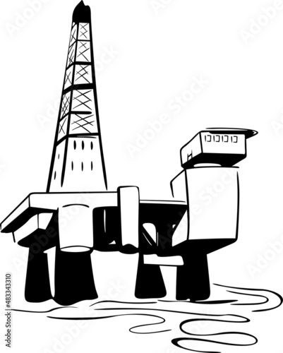 The drilling platform stands in the water and has a turret and a control room

