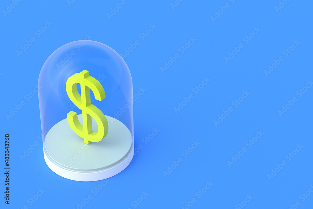 Money storage. Presentation of the new banknote design. Investment protection concept. Delivery of the prize. Deposit insurance. Financial aid. Dollar symbol in glass dome. 3d render Money storage. Presentation of the new banknote design. Investment protection concept. Delivery of the prize. Deposit insurance. Financial aid. Dollar symbol in glass dome. 3d render