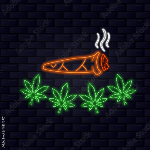 Weed Smoke and Four Cannabis Logo With Neon Style. Marijuana Theme.