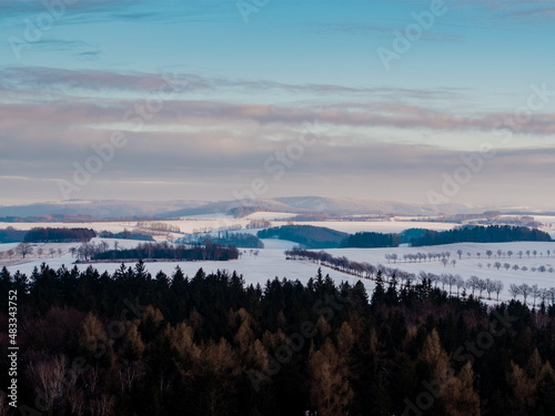 sunrise over german landscape in winter
