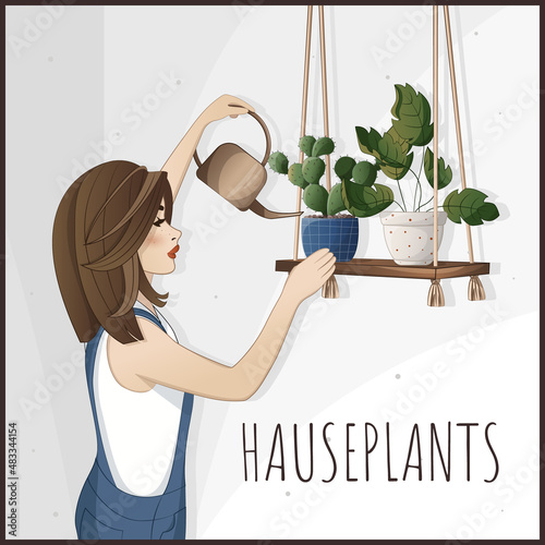 Woman taking care of houseplants. Woman with watering can taking care of houseplants. Houseplant, home garden, gardening, plant lover, houseplant store concept, greenhouse.