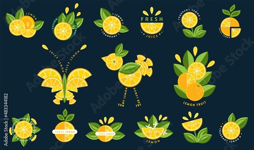 Set of logos, emblems, badges with lemon, green leaves, fruit slices. Some emblems in the shape of bird, butterfly, flower. Good for decoration of food packaging, agriculture stores, advertising