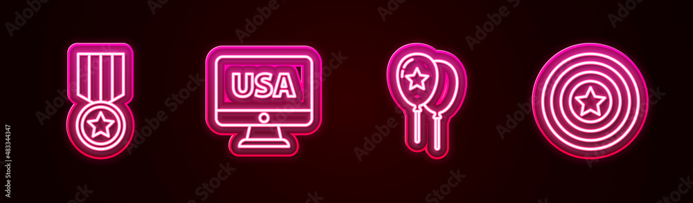 Set line Medal with star, USA on monitor, Balloons and American shield. Glowing neon icon. Vector Set line Medal with star, USA on monitor, Balloons and American shield. Glowing neon icon. Vector