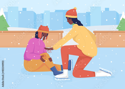 Falling on ice rink flat color vector illustration. Winter accident. Injured kid. Everyday situation. Daily life. Mother with kid 2D cartoon characters with winter cityscape on background